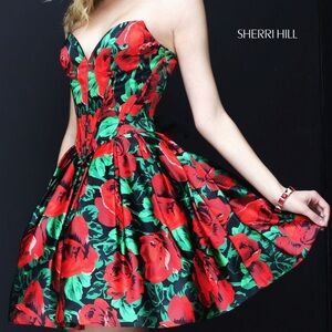 SHERRI HILL Red Floral Dress Mini Strapless Prom Pageant‎ Size 0 Roses Full XS